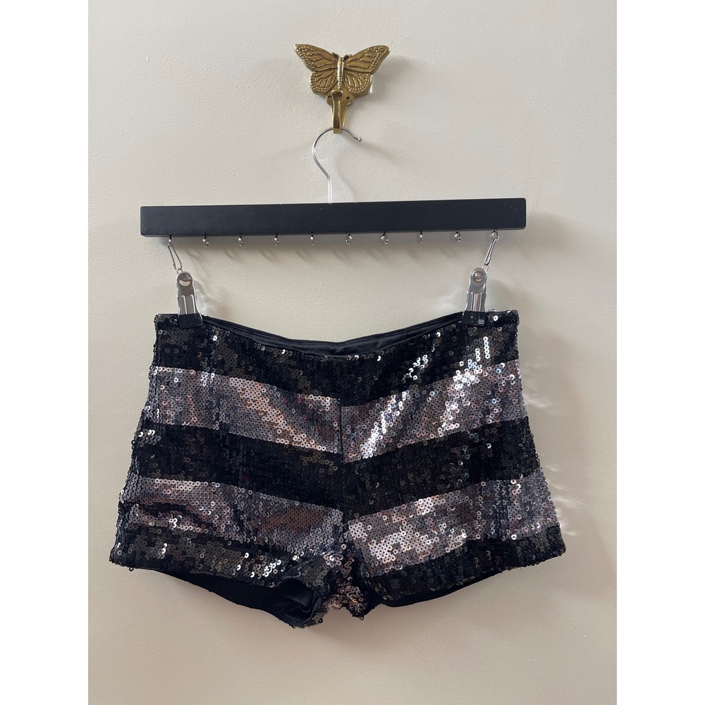 Forever 21 Womens Black Silver Striped Sequin Mini Shorts Party Festival Size S